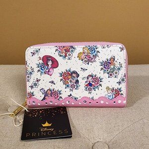 Loungefly Disney Princess Tattoo AOP Floral Zip Around Wallet NEW